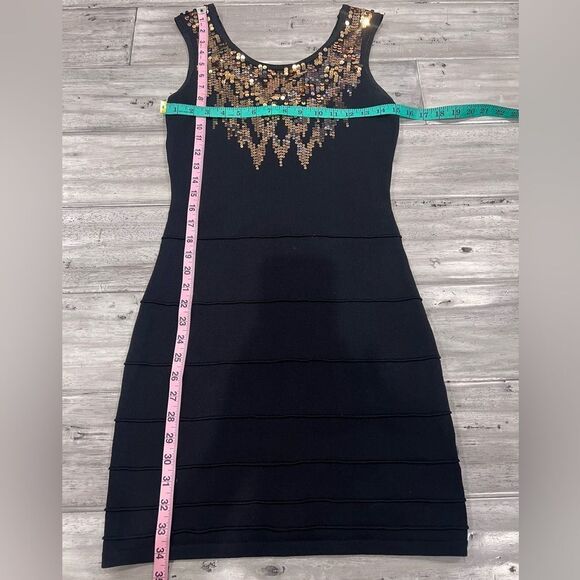 Y2K 2b Bebe Black Metallic Gold Sequin Bandage Sleeveless Cutout Back Slip - Picture 14 of 14